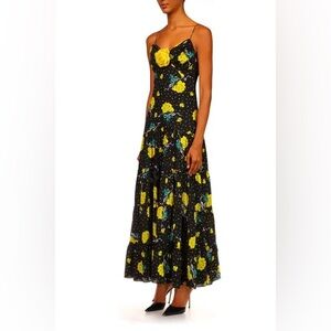 RODARTE Yellow Rose Print Appliquéd Printed Silk Crepe De Chine Maxi Dress